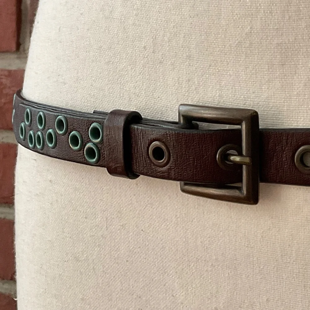 Brown Leather Boho Belt Blue Decorative Holes Size 31”-35”